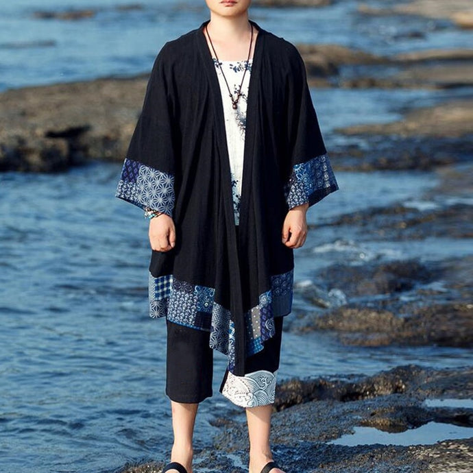 Streetwear Hiphop 5XL Men Casual Cardigan Coats Floral Three Quarter Open Stitch Jackets Trench Cloak Outwear Mens Clothes Male
